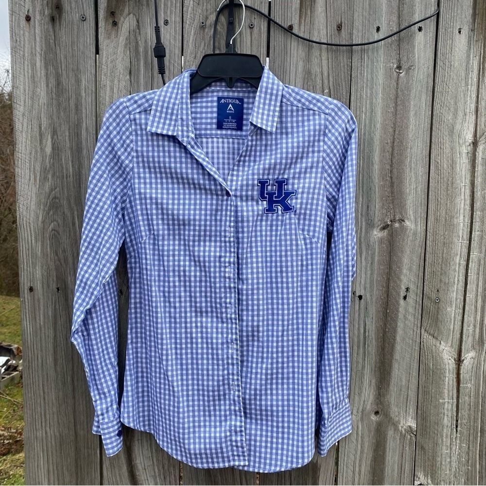 Antigua S Blue Gingham Buttoned Down Polo with UK Patch on Pocket Shirt